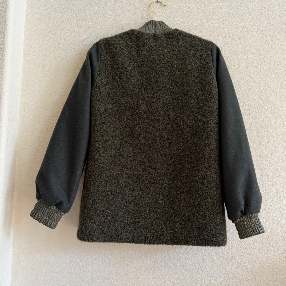 SIR. The Label Mixed Media Boucle Wool Bomber Jacket Olive Green Leather Trim S - Picture 12 of 16